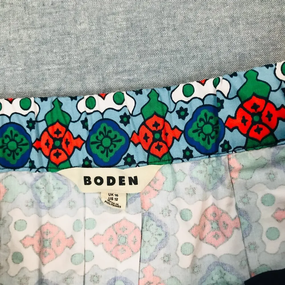Boden Women's 12 Isabella Skirt Cotton Sateen Coastal Tile Pleated Pockets BL11